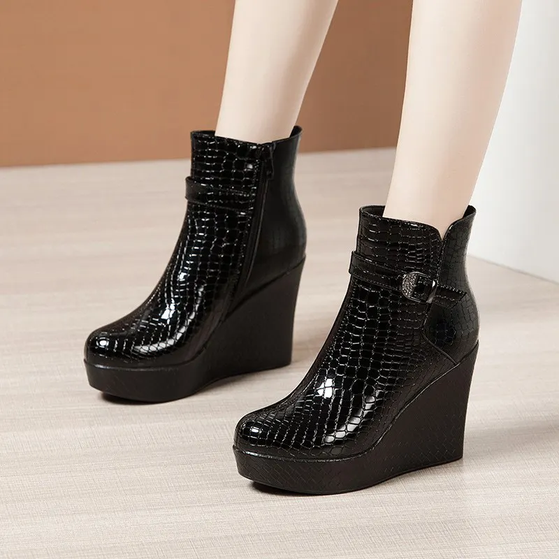 Breakj Breakj Slope And Short Boots Women Thick-Bottom Waterproof Leather Boots Light And Slip Single Boots Autumn And Winter Side Zipper Plus Velvet Martin Boots