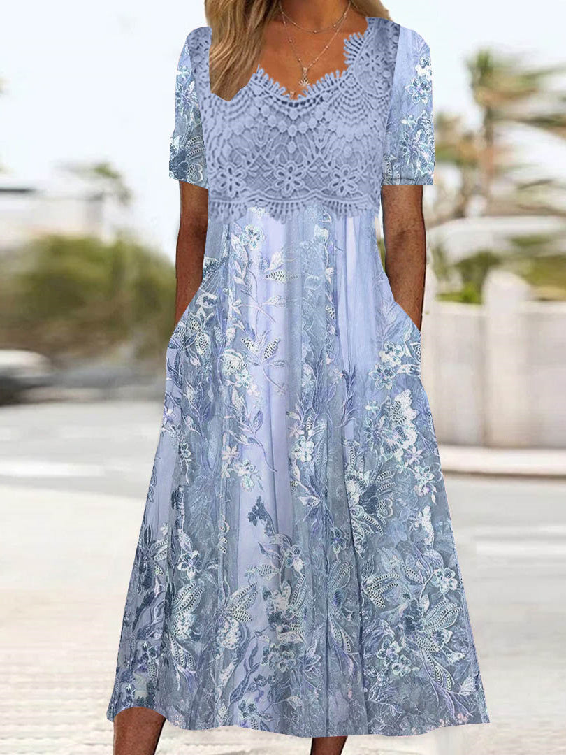 Women's Short Sleeve V-neck Floral Printed Lace Stitching Midi Dress