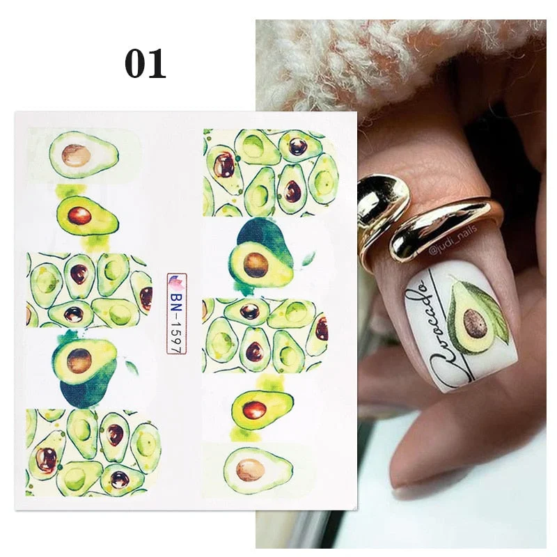 1PC Lemon Banana Nail Water Decals Watermelon Avocado Fruit Flower Leaf Water Transfer Sliders Nail Stickers For Nails Manicures-Nail Inspo