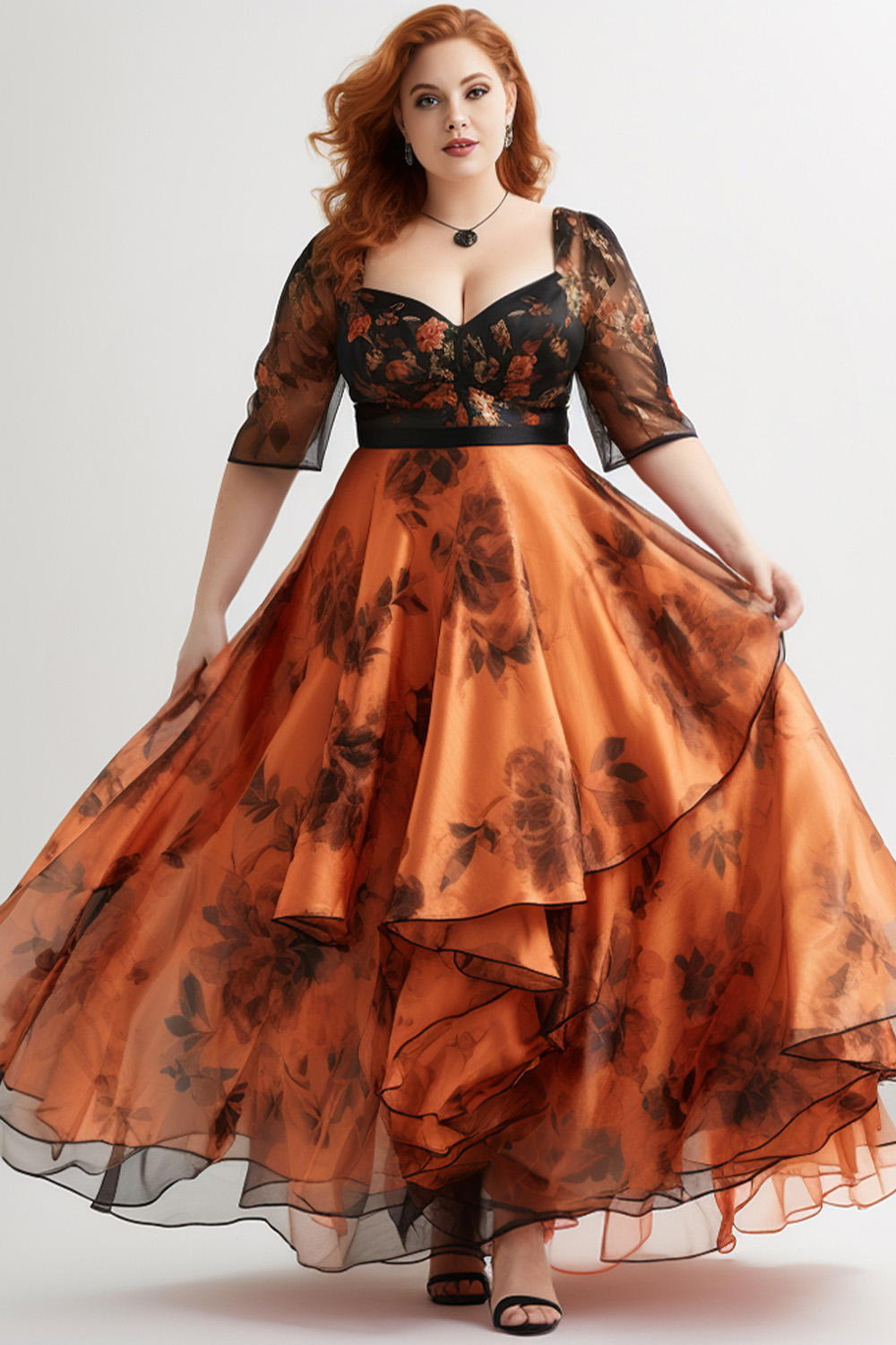 Flycurvy Plus Size Goth Orange Organza Floral Print Irregular Hem Half Sleeve Maxi Dress 2024 - Flycurvy 
