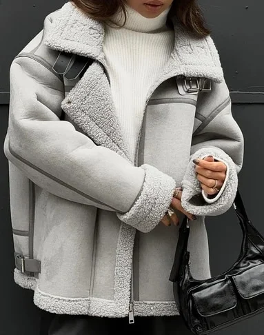 Breakj Casual Lapel Zipper Plush Coat Women's Loose Long Sleeved Solid Jacket With Pockets 2023 Autumn/Winter Warm Street Wear