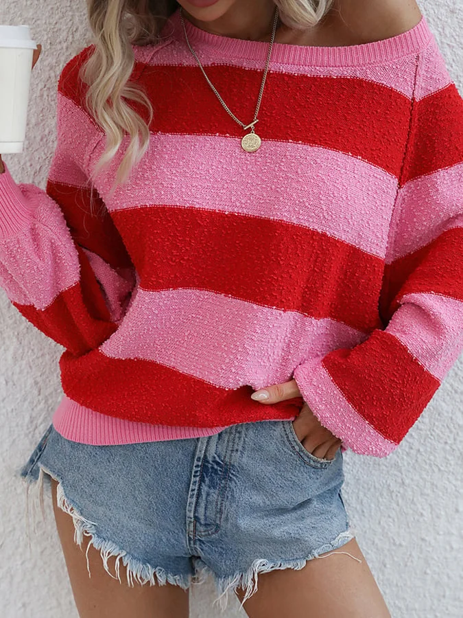 Women's Round neck Stripe Long Sleeve Sweater-mysite