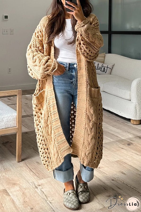 Jamila Knit Cable Cotout Long Sleeve Pocket Oversized Midi Cardigan