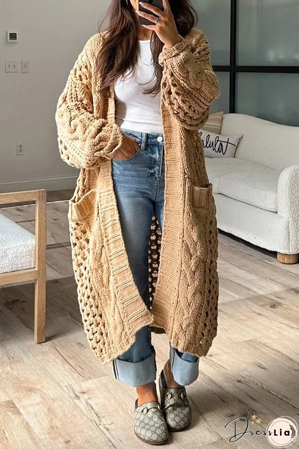 Jamila Knit Cable Cotout Long Sleeve Pocket Oversized Midi Cardigan