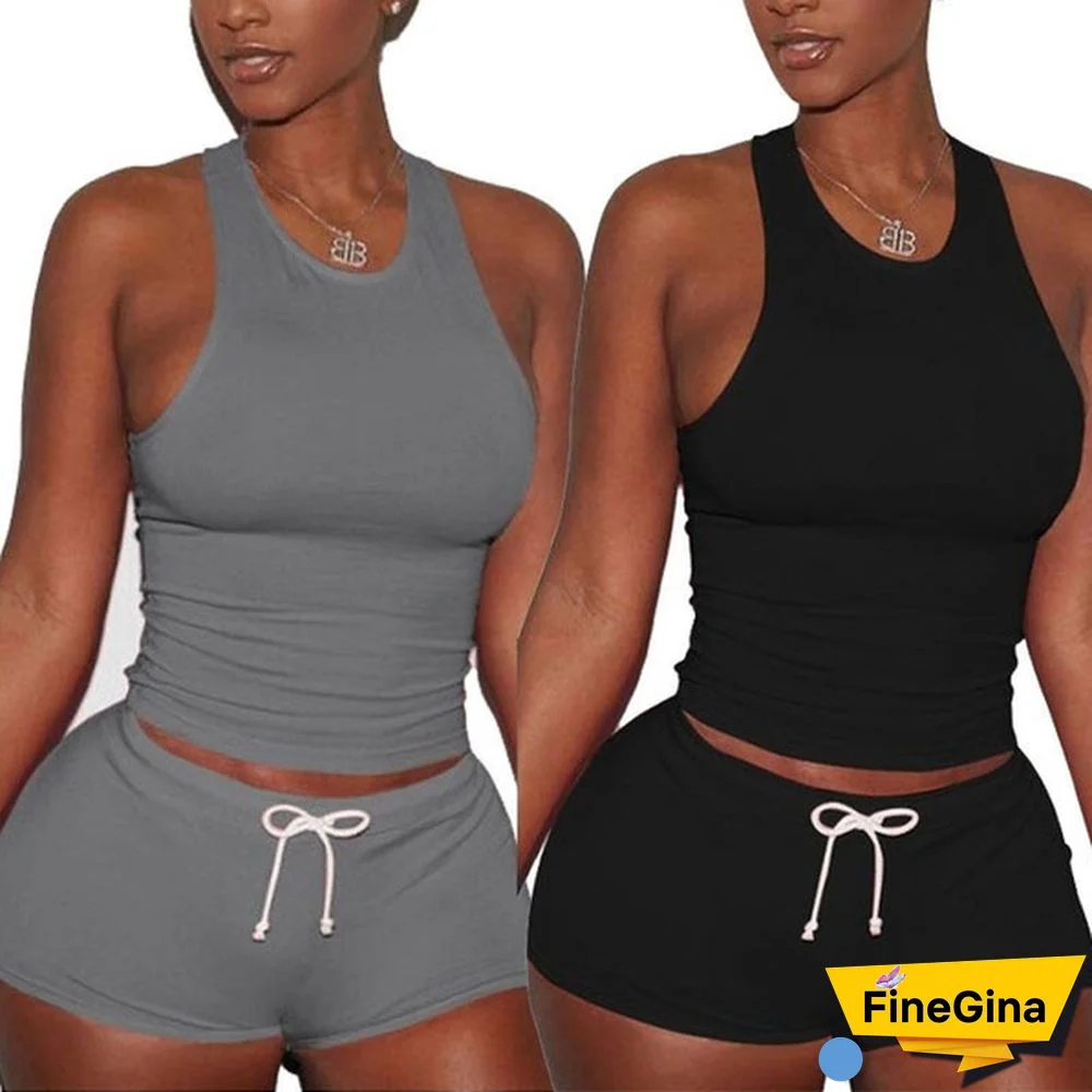 New Women Slim Loose Outfits Crop Top Short Sorts Drawstring Pants Casual Running Jumpsuits Yoga Rompers