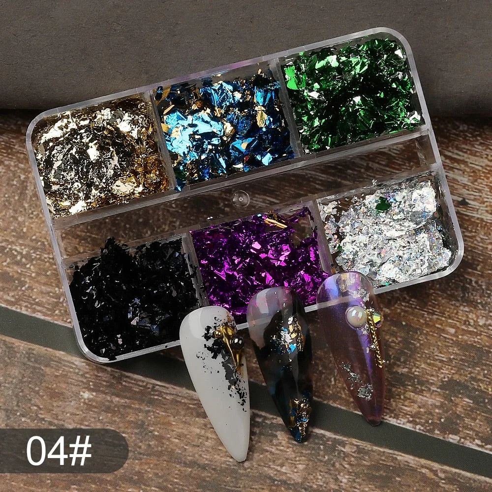 6 Grids Sparkly Foil Nails Sequins Irregular Aluminum Gold Red Summer Design Set  Mirror Chrome Glitter Flakes Gel DIY Manicure-Nail Inspo