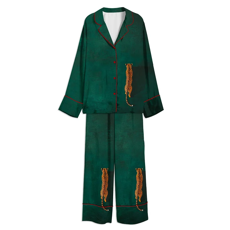 Tokyo-Mood Emerald Green Cheetah Unisex Long Sleeve Satin Pajama Set