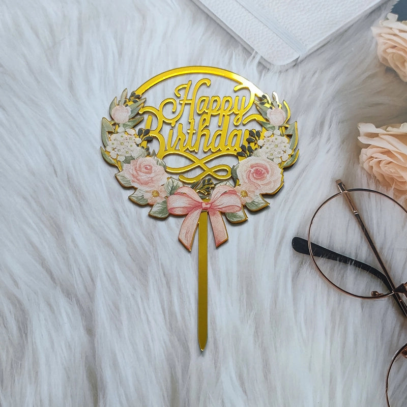 Acrylic Cake Topper Ins Style Floral Uv Color Printing Happy Birthday Dessert Decoration Plugin