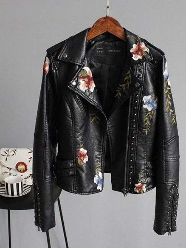 Gothic Dark Floral-embroidered Long Sleeve Rivets Shawl Collar Zipper Jacket