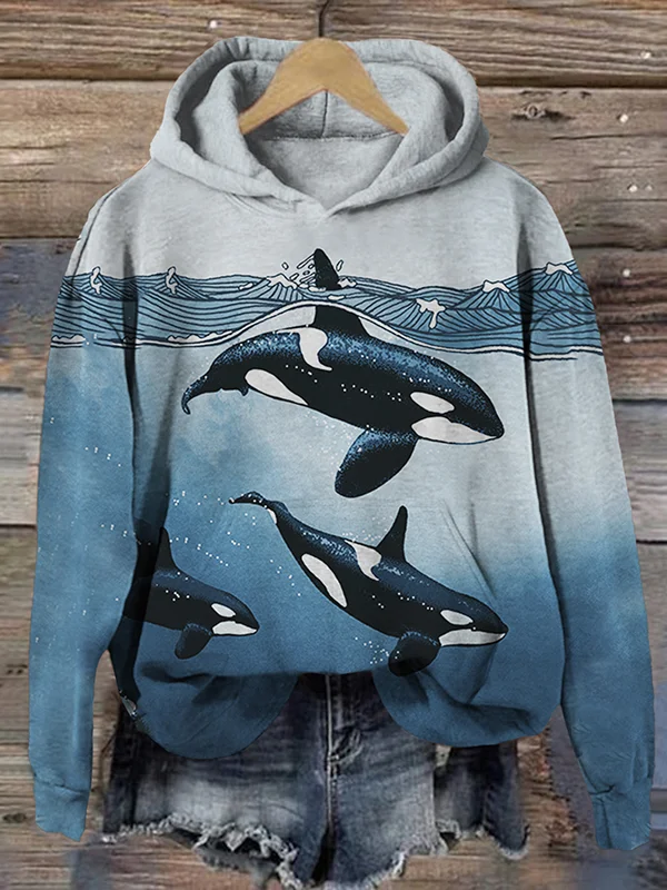 Women's Cute Killer Whales Ocean Art Print Hooded Sweatshirt