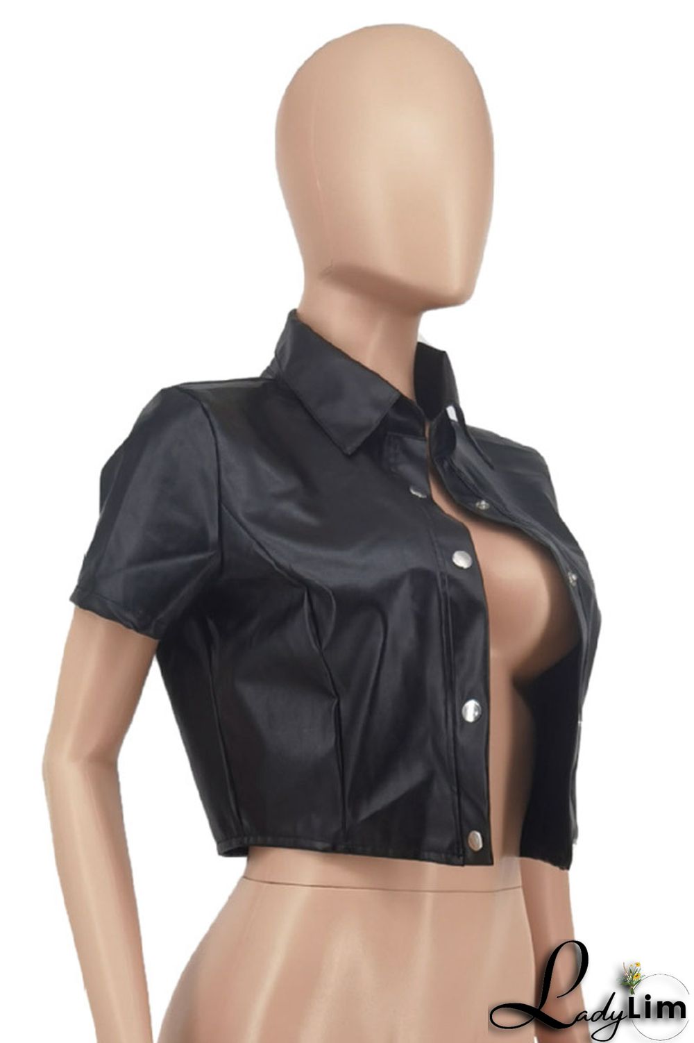 Black Sexy Street Solid Patchwork Buckle Turndown Collar Outerwear