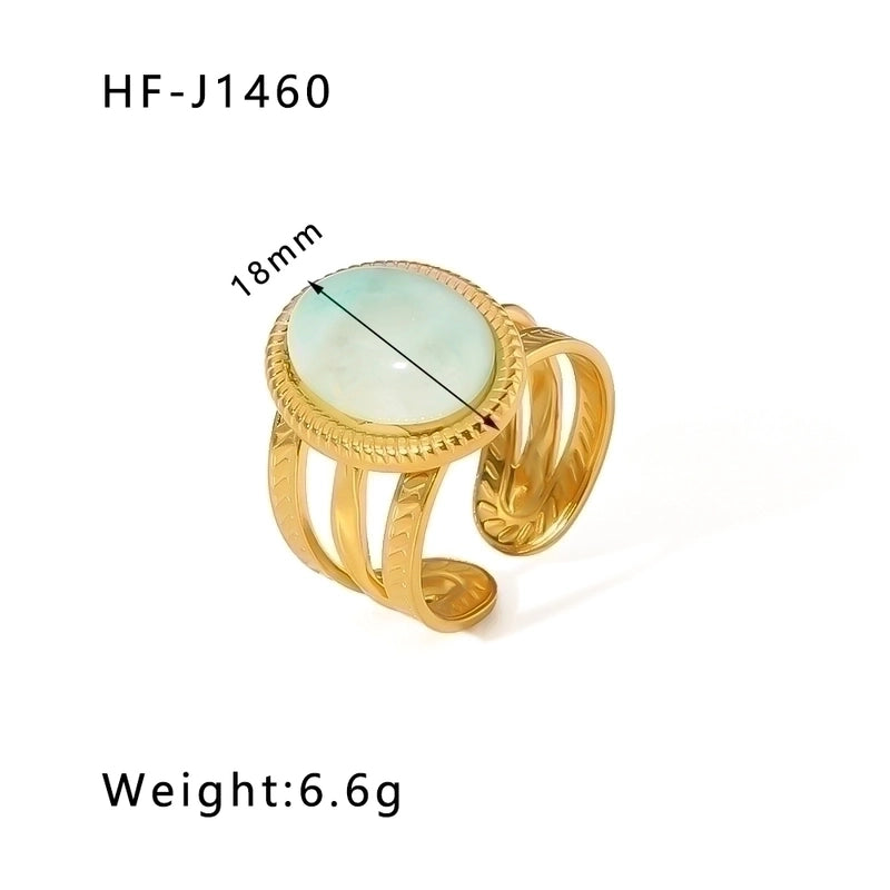 Stainless Steel 18K Gold Plated Basic Vintage Style Plating Inlay Round Natural Stone Open Rings