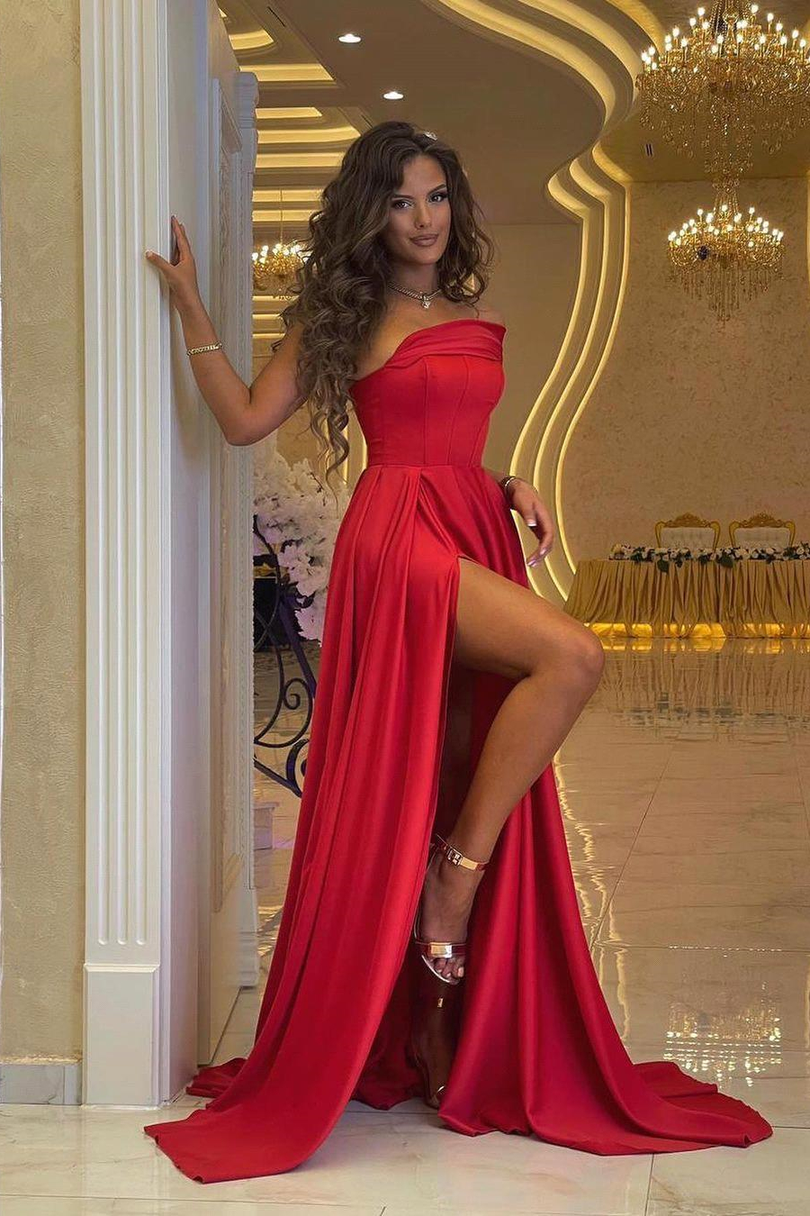Dresseswow One Shoulder Red Slit Prom Dress Long