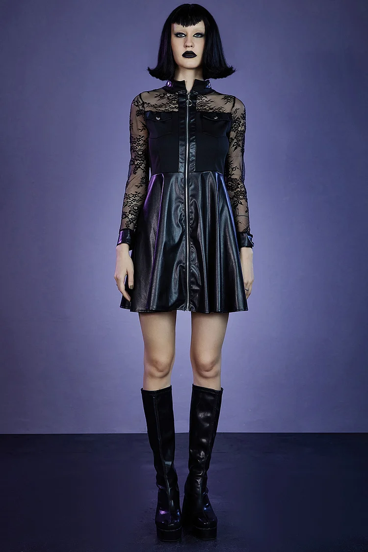 Gothic Black Party PU Leather Lace Patchwork Zipper Pockets Tunic Mini Dress