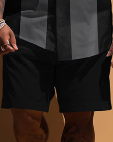 Big Guy Simple Striped Color Block Printed Short Sleeve Shirt Shorts Set