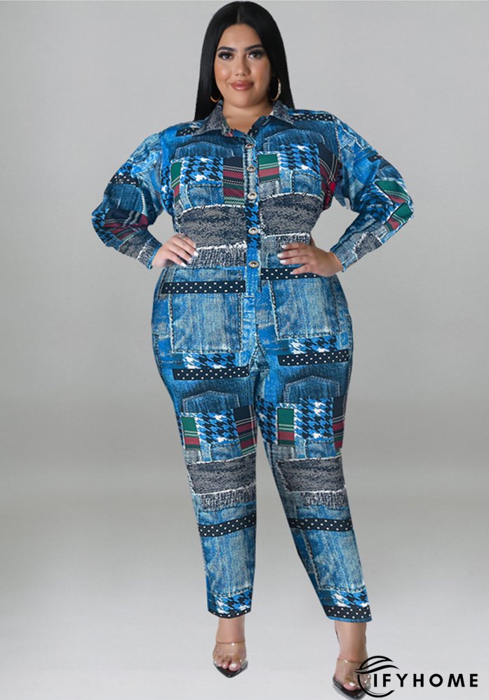 Plus Size Women's Fall Print Long Sleeve Jumpsuit | IFYHOME