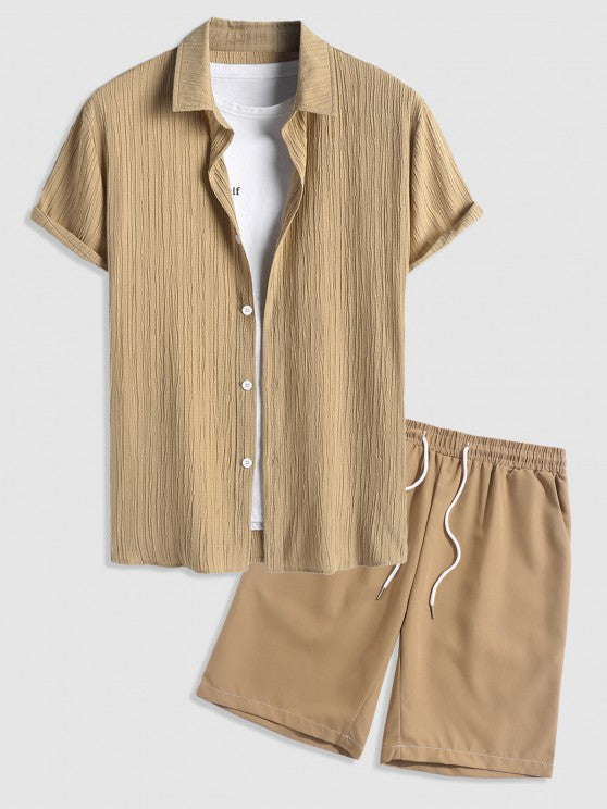 Short Sleeves Linen Textured Shirt And Casual Shorts Set
