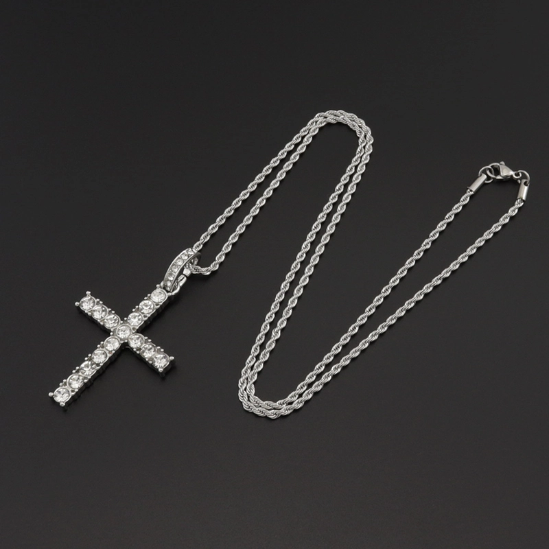 Ornament Simple Style Full Diamond Single Row Diamond Tennis Chain Men’s And Women’s Big Cross Pendant Necklace