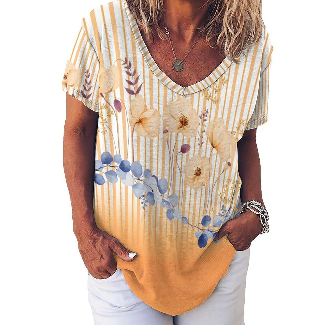 Style & Comfort for Mature Women V-neck Short Sleeve Casual T-shirt for  Women Printed with Pattern Floral, Yellow, Blue