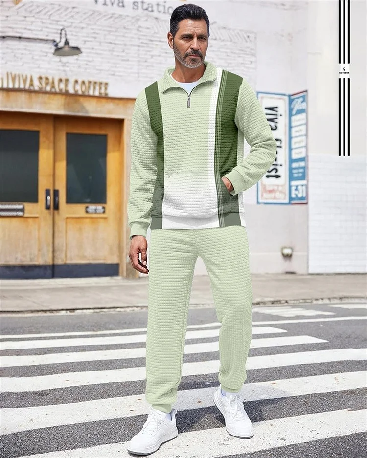 Men's Quarter Zipper Plaid Jacquard Jogging Set  023