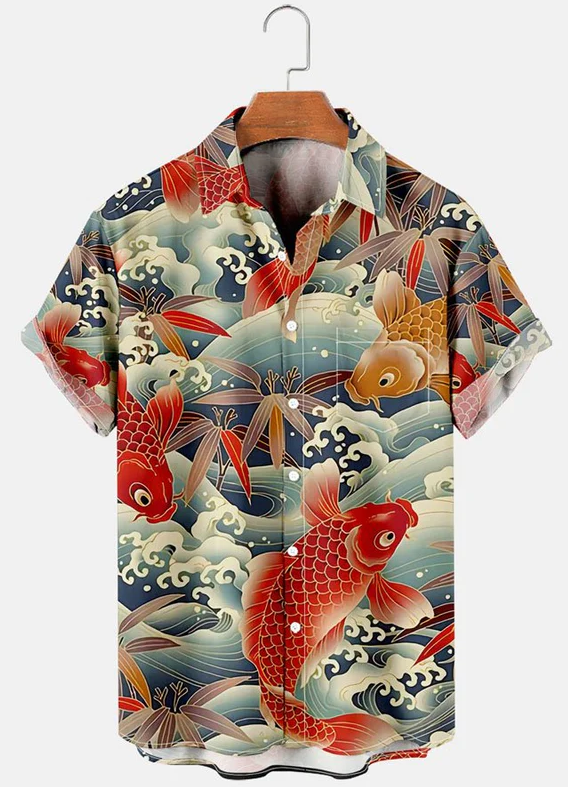 Men's Vintage Koi Red Carp Fish Transfer Lucky Short Sleeve Hawaii Shirt at Hiphopee