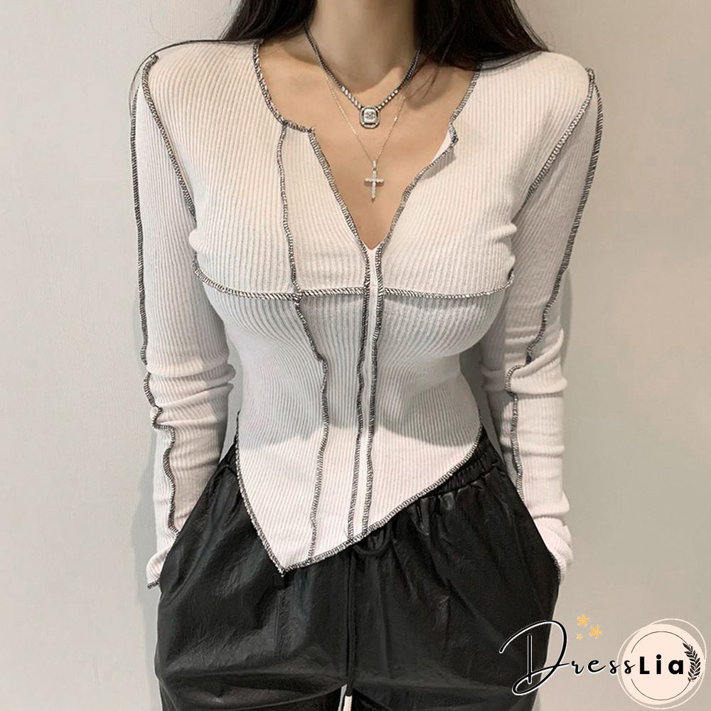 Creative Surface Thread Splicing Crop Tops Long Sleeve Cut V-Neck Slim Wild Chic Casual Irregular Hem T-shirt Slim Base Shirt