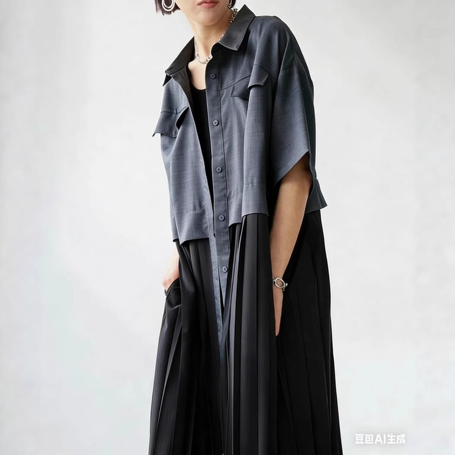 Versatile color blocked mid sleeved dress