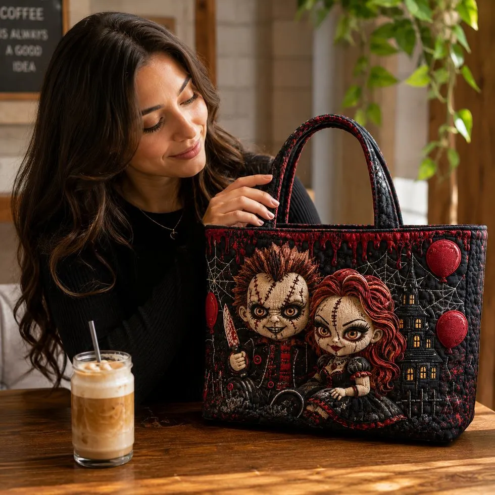 Buyer style photo with doll-inspired horror tote