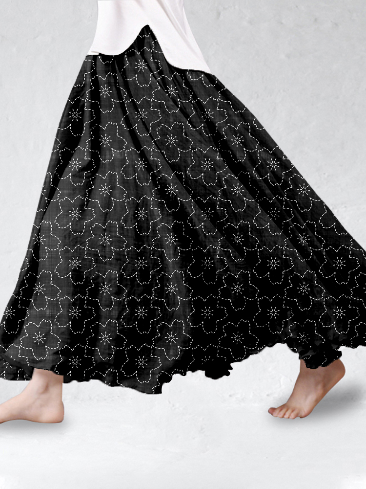 Comstylish Cherry Blossom Japanese Sashiko Art Linen Blend Flowy Wide Skirt