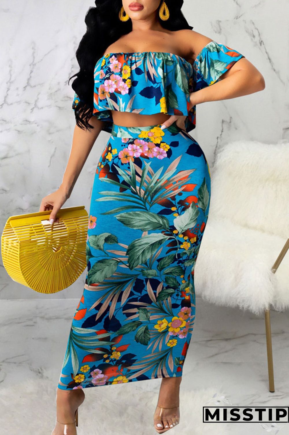 Blue Sexy Print Patchwork Strapless Short Sleeve Two Pieces