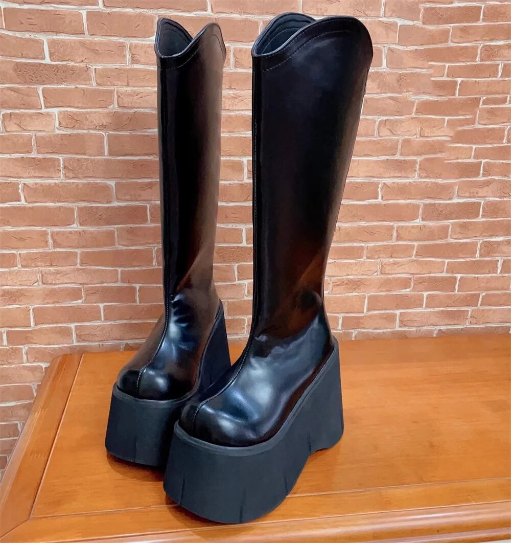 VCshoes Women Punk Long Boots Woman High Thick Heels Pumps Lady Girl Knight Gothic Boots Black Boots Zipper 32-47