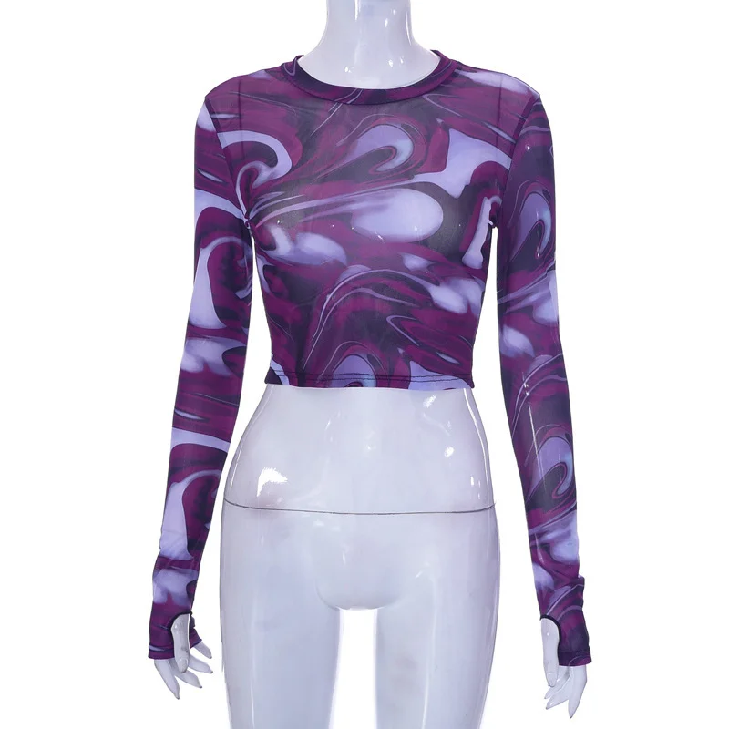 Uveng Spring New Round Collar Cover Print Open-Umbil Umbilical Cover Finger Long-Sleeved Casual Women's Top Sales