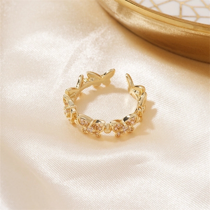 Copper K Gold Plated Cute Sweet Artistic Inlay Butterfly Zircon Open Rings