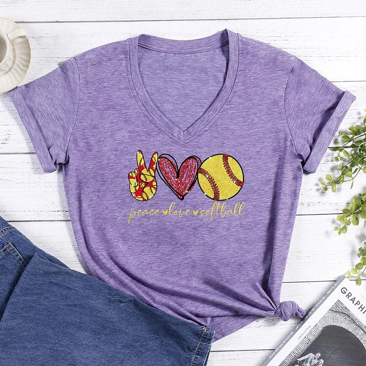 Peace Love Softball V-neck T Shirt-Annaletters