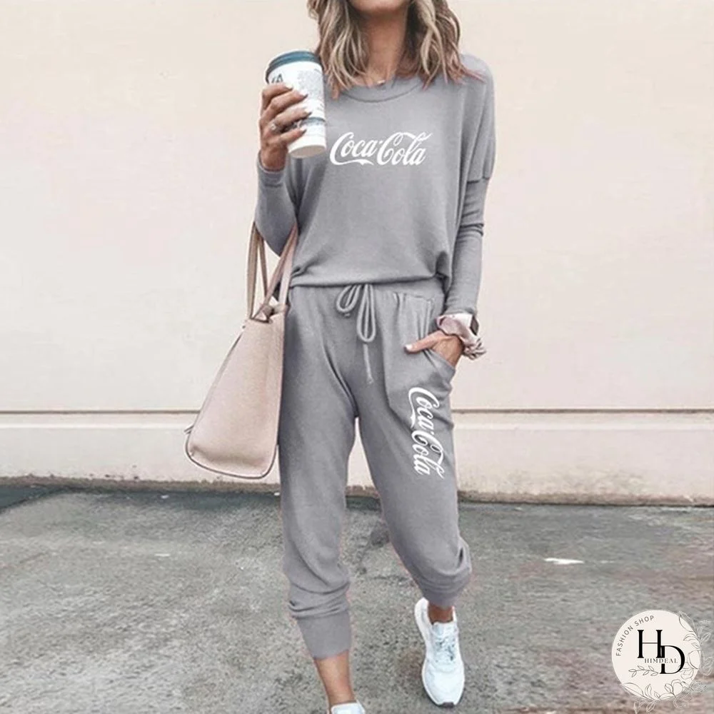 Spring and Autumn Women Jogging Suits Coca Cola Women Fashion Printed Two Pieces Sports Suits Tops with Pants