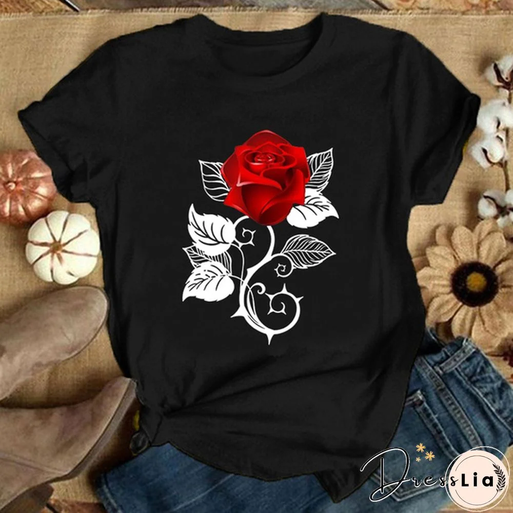 Girls and Women's Fashion Red Rose Printed T-Shirt Cute Graphic Tee Shirt Ladies Summer T-shirts Casual Plus Size Tops Flower T Shirts