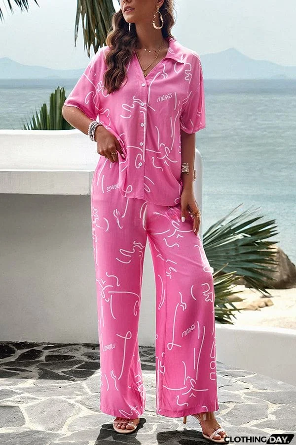 Fun Printed Button Pocket Long Sleeve Shirt and Elastic Waist Pants Set