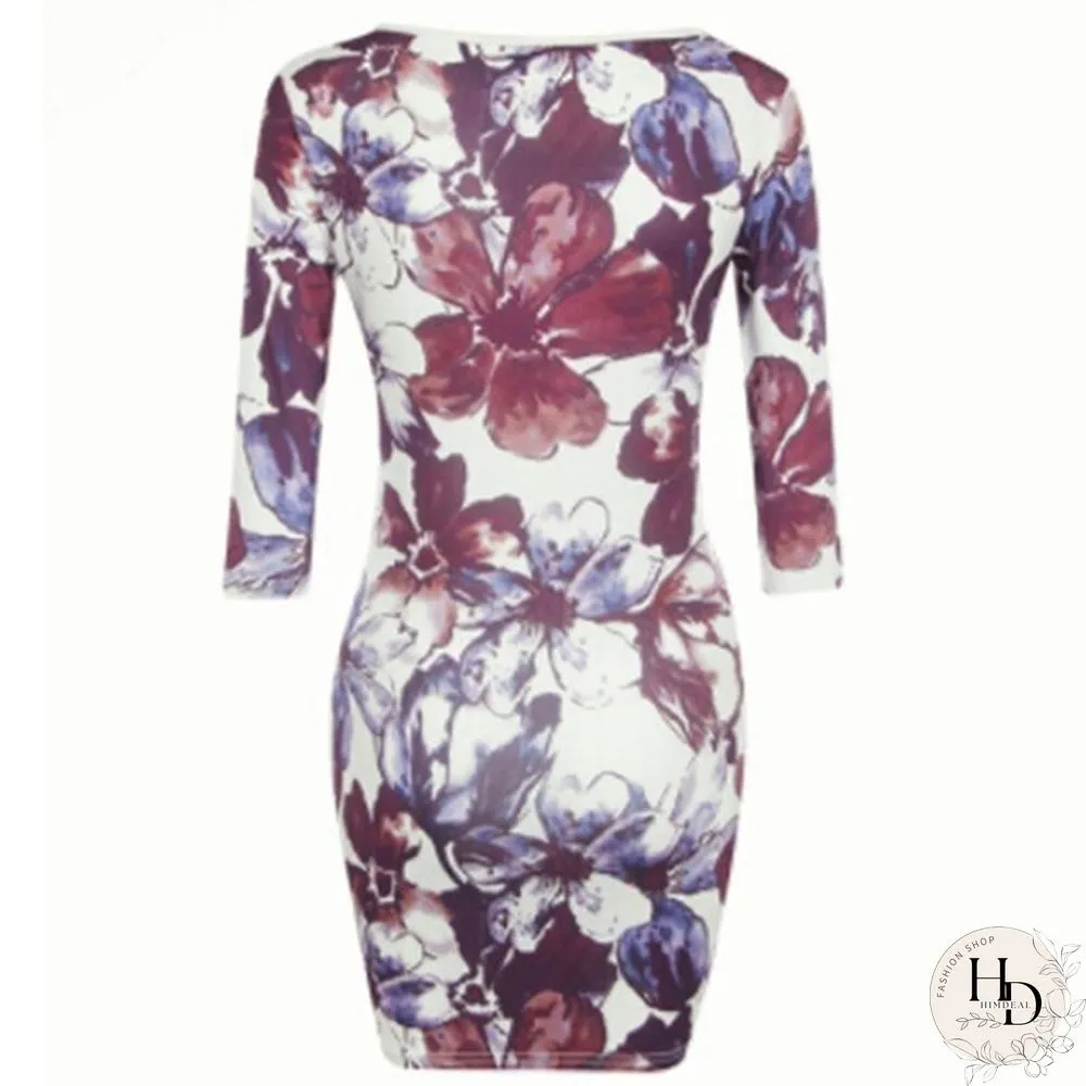 Women Long Sleeve Floral Print Mini Bodycon Dress Vestidos Summer Style Women Party Night Club Dress