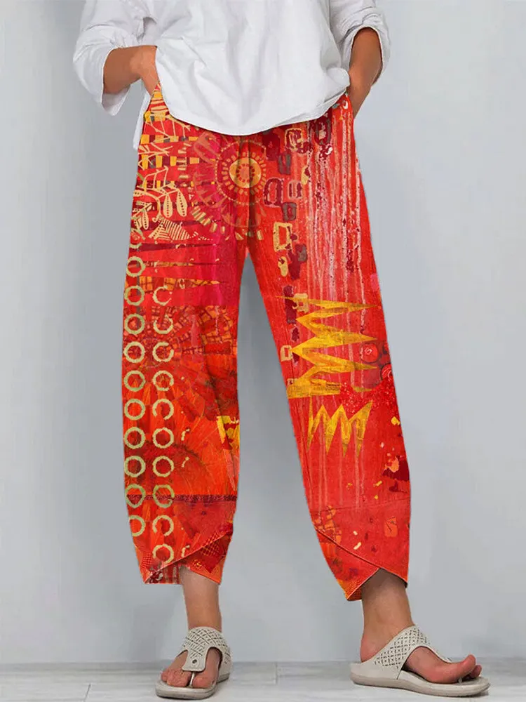 Women's Vintage Abstract Geometric Art Print Cotton And Linen Casual Pants