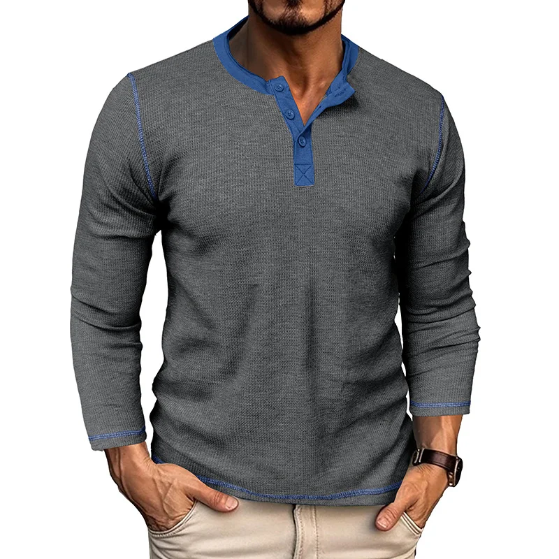 Men's Long Sleeve Henley Shirt Vintage T-Shirt Waffle Color-Blocked Henleys