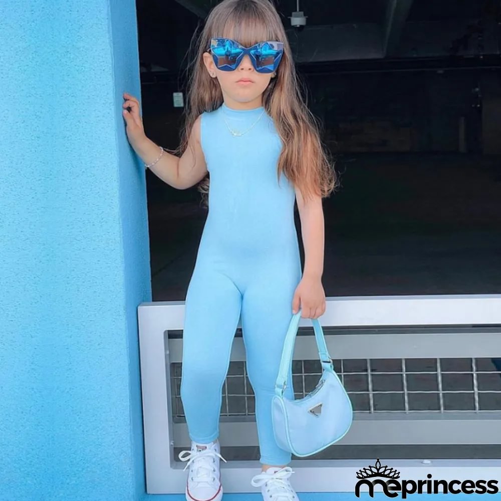 Kids Girls Fashion Sleeveless Solid Color Jumpsuit