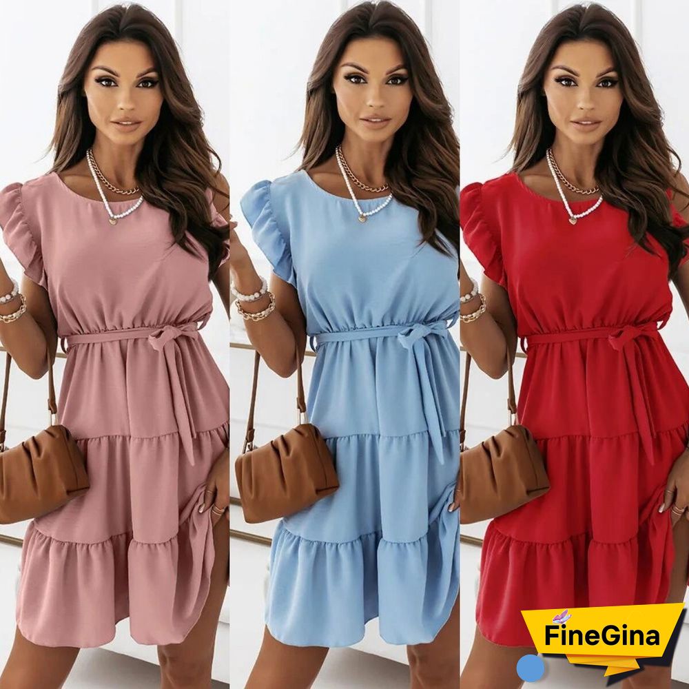 Summer Boho Dress Women Loose Round Neck Short Sleeve Solid Color Lace-Up Dress Vestido Feminino