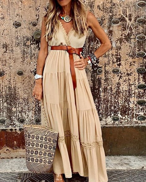 Women's Solid Color Deep V-Neck Sleeveless Lace Tiered Flared Hem Boho Vacation A-Line Maxi Dress shopify LILYELF