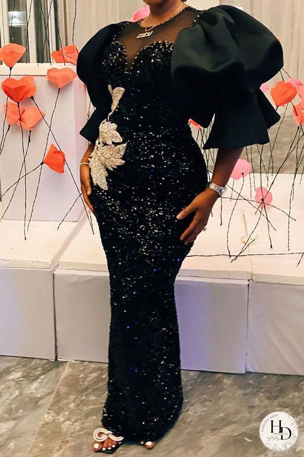 Black Casual Elegant Print Embroidered Split Joint O Neck One Step Skirt Dresses