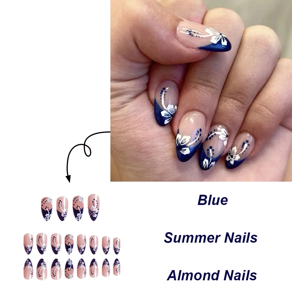 Churchf Blue And White Flowers Wearing Almond Nail Patch Removable Finished Product