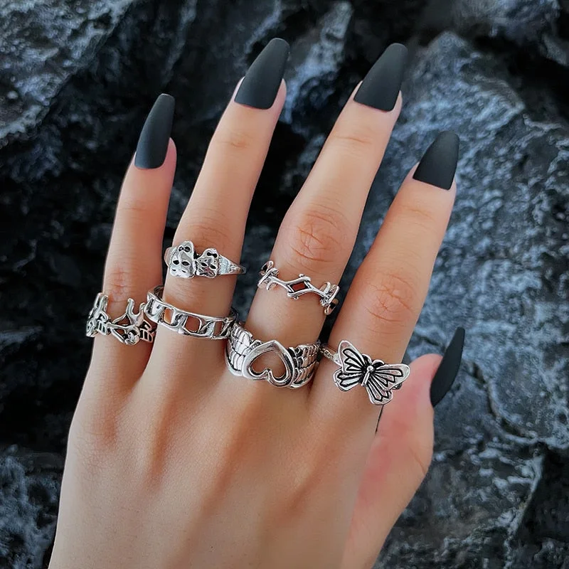 Vintage Punk Butterfly Heart Ring Set for Women Retro Gothic Ancient Silver Color Dice Angel Wings Charms Finger Rings Jewelry