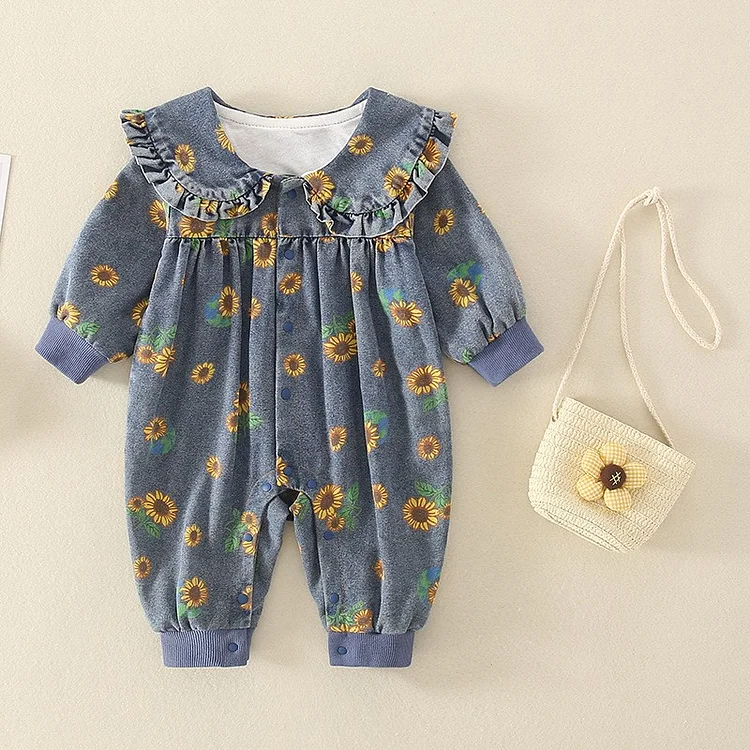 Baby Boy/Girl Peter Pan Collar Floral Graphics Denim Long Sleeve Romper with Woven Bag Set