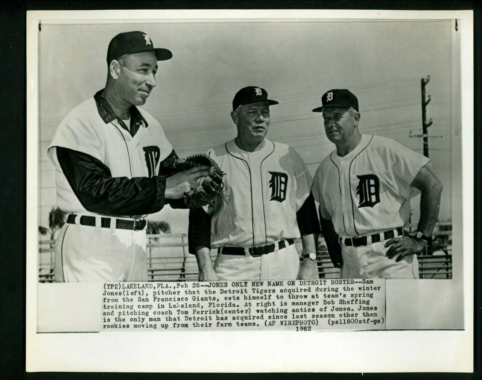 Sam Jones Bob Sheffing & Tom Ferrick 1962 Press Photo Poster painting Detroit Tigers