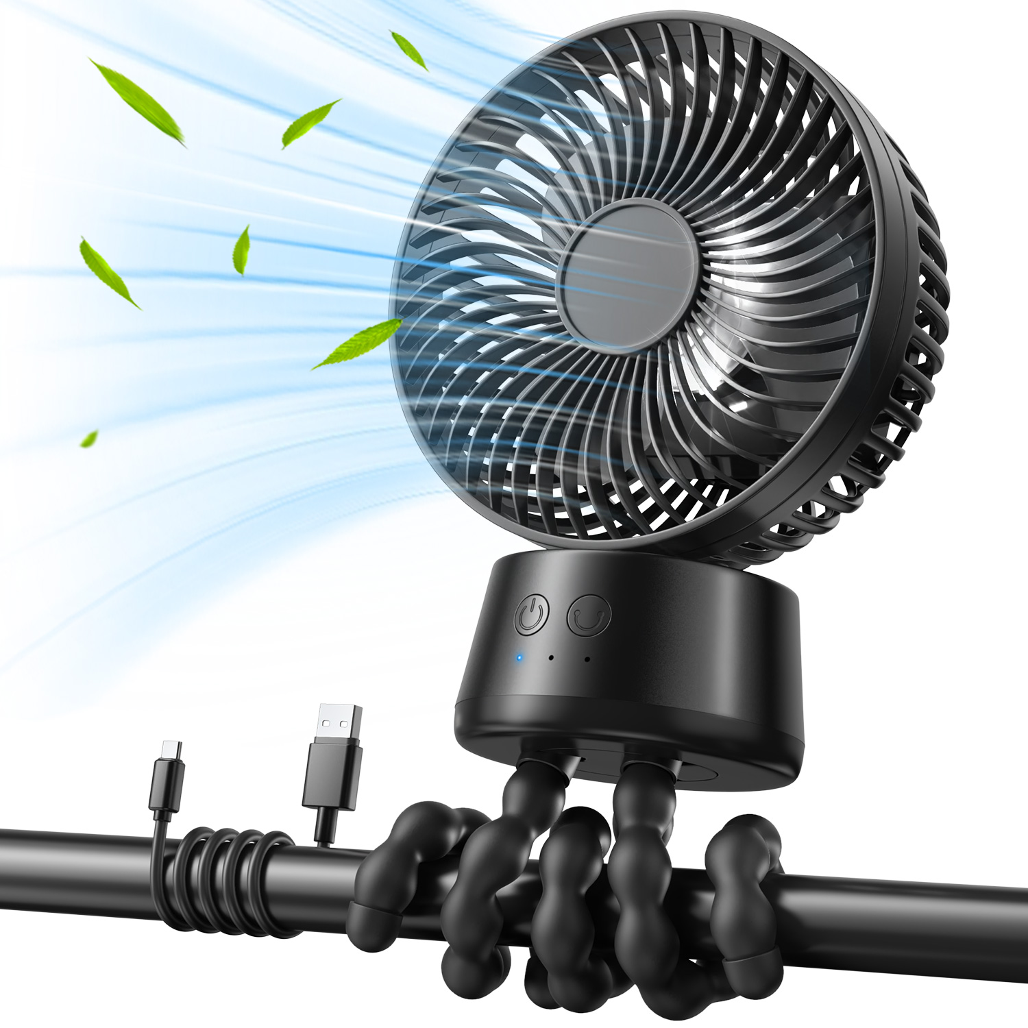 10000mAh Portable Stroller Fan, 90° Auto Oscillation, 3-IN-1 with Power Bank LED Light Detachable Flexible Tripod Rechargeable Battery Powered Clip On Fans Desk for Baby Crib Car Seat Travel