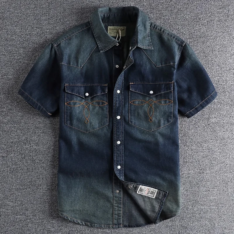 Vintage Heavy Wash Distressed Topstitched Pocket Denim Shirt